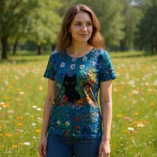 Unisex Floral Cat Print Casual Short Sleeve T-Shirt