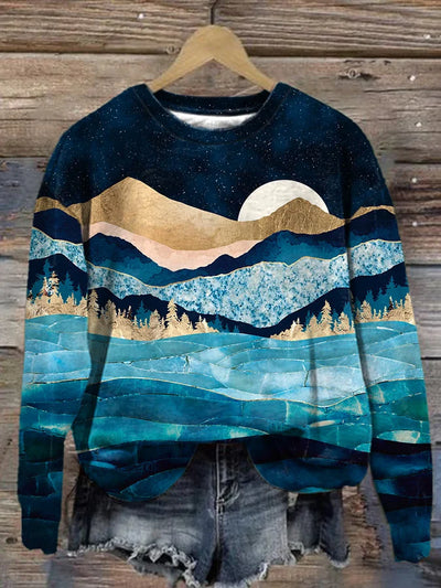 Abstract Midnight Forest Stars Moon Ocean Landscape Print Sweatshirt