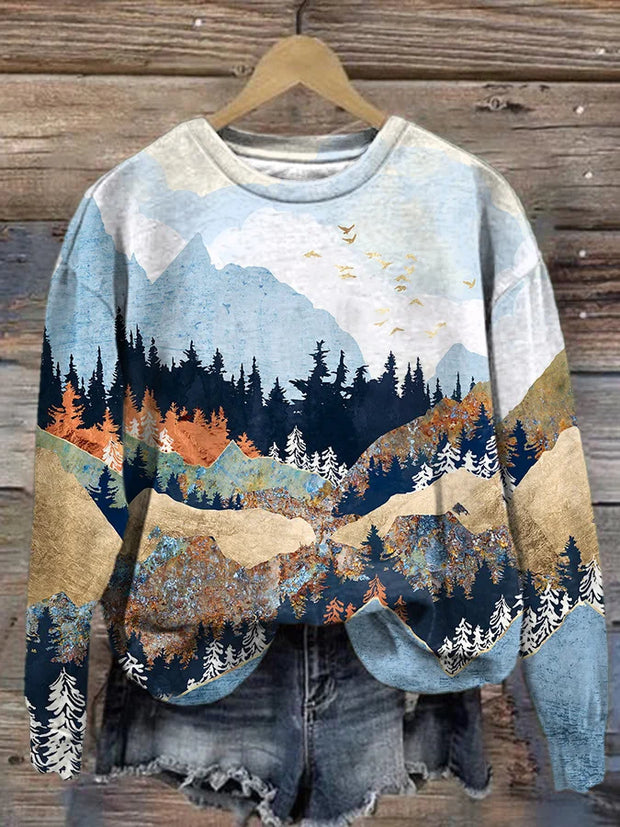 Abstract Mountain Bird Forest Cloud Landscape Print Sweatshirt