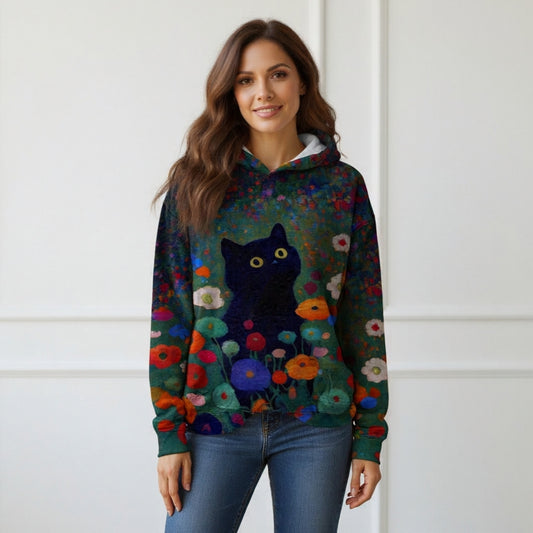 Funny Black Cat Art Floral Print Hoodie