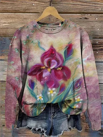 Art Floral Print Crew Neck Sweatshirt