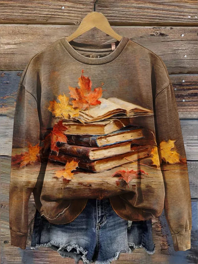 Autumn Maple Leaf Books Still Life Oil Painting Art Sweatshirt