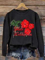 Coconut Tree Mele Kalikimaka Flowers Casual Print Sweatshirt