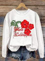 Coconut Tree Mele Kalikimaka Flowers Casual Print Sweatshirt