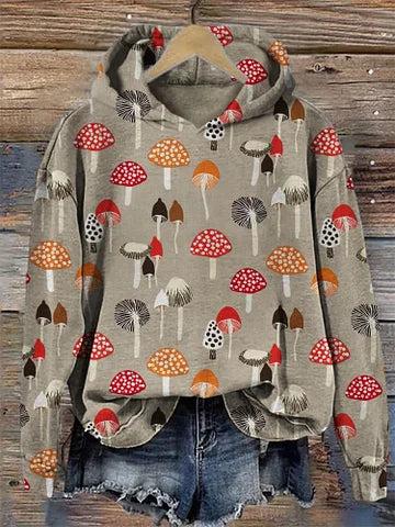 Colorful Mushroom Lino Art Cozy Hoodie