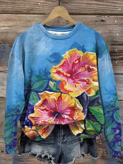 Hawaii Pink And Yellow Hibiscus Painting Print Sweatshirt