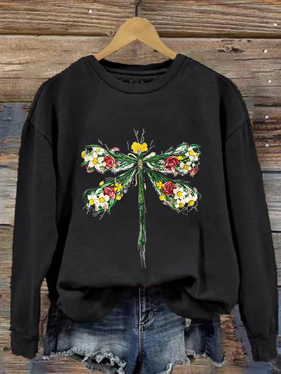 Oversized Flower Dragonfly Printed Women's Sweatshirt