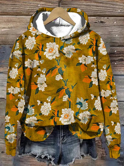 Partial Blue Gold Flowers Print Casual Long Sleeve Hoodie