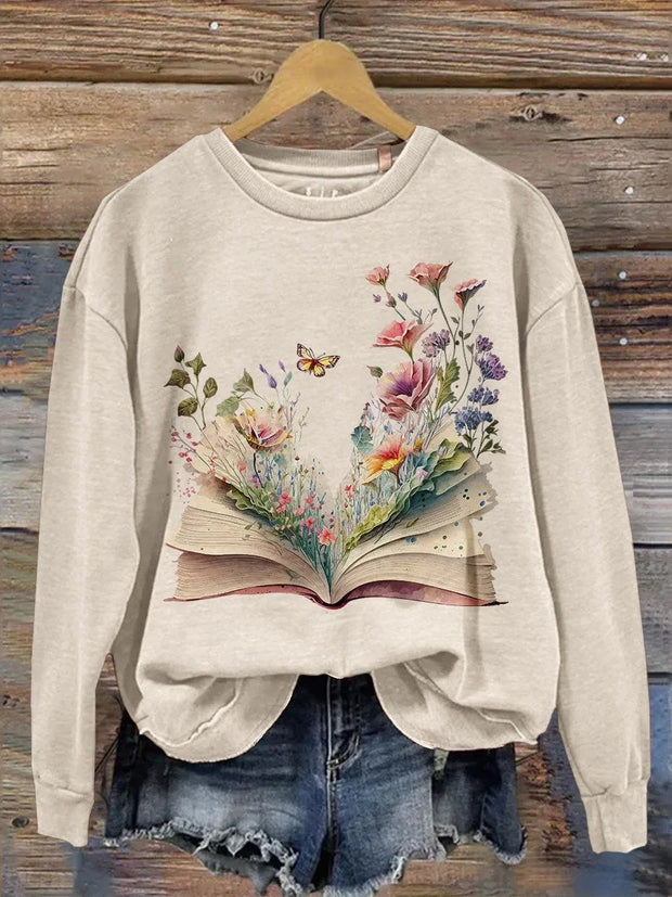 Read Books Flower Butterfly Print Casual Long Sleeve Sweatshirt