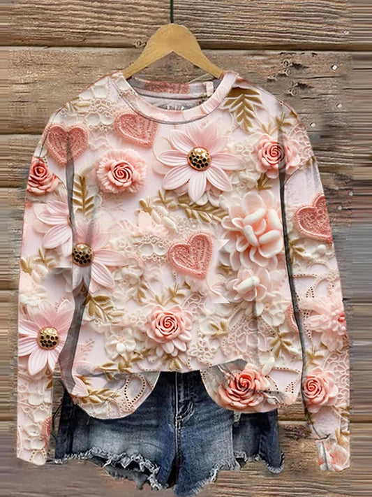 Flower Print Casual Round Neck Sweatshirt