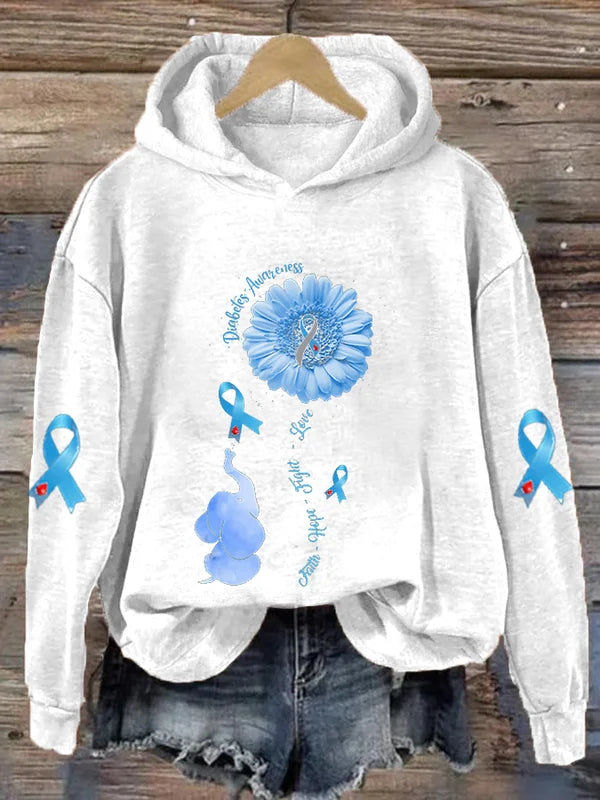 Women's Diabetes Awareness Faith Hope Fight Love Sunflower Diabetes Eleplant Printd Hoodie