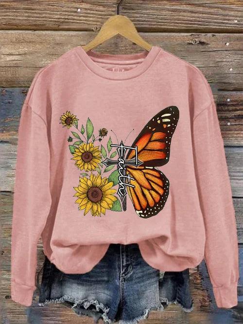 Women's Faith Butterfly Sunflower Print Sweatshirt