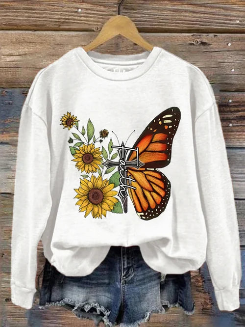 Women's Faith Butterfly Sunflower Print Sweatshirt