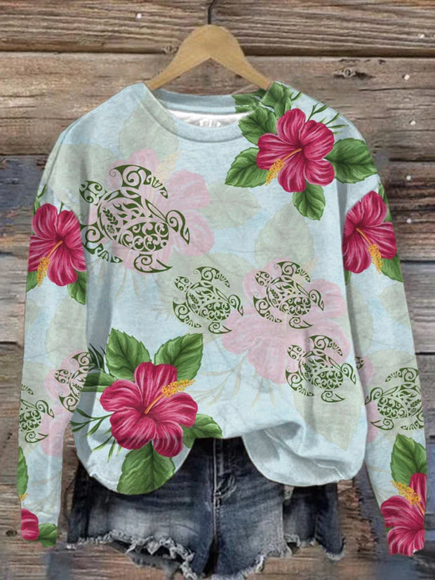 Women's Hawaiian Turtle Hibiscus Flower Print Long Sleeve Sweatshirt