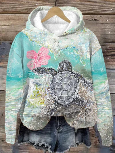 Women's Maui Hibiscus Flower Sea Turtle Print Hoodie