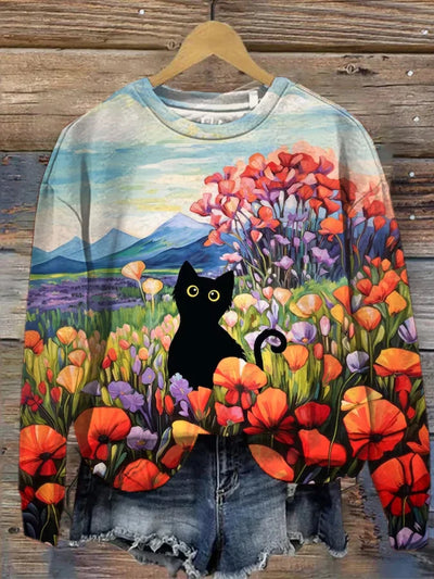 Women's Poppy Flower Field Cat Printed Casual Sweatshirt