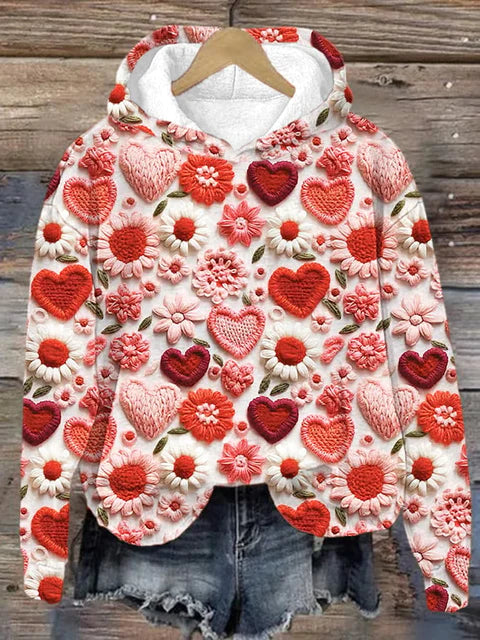 Women's Valentine's Day Heart Flower Print Hoodie