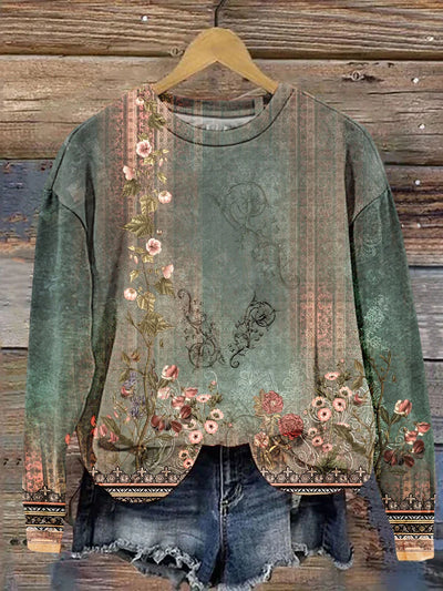 Women's Vintage Flower Art Print Sweatshirt