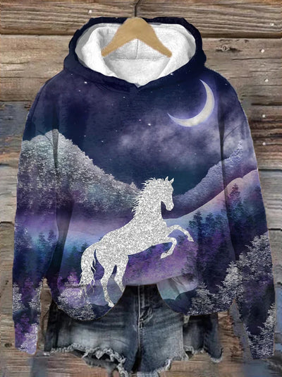 Women's Western Forest Shiny Horse Print Hooded Sweatshirt