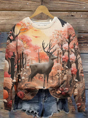 Forest Scenery Deer Pattern Round Neck Sweatshirt