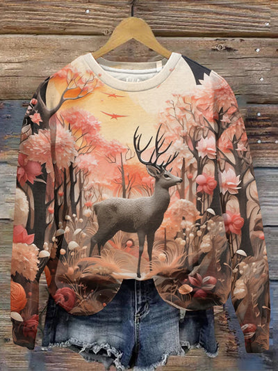 Forest Scenery Deer Pattern Round Neck Sweatshirt