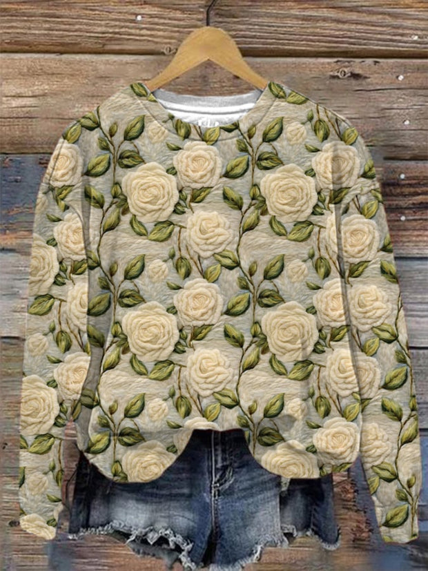 Women's White Rose Print Sweatshirt