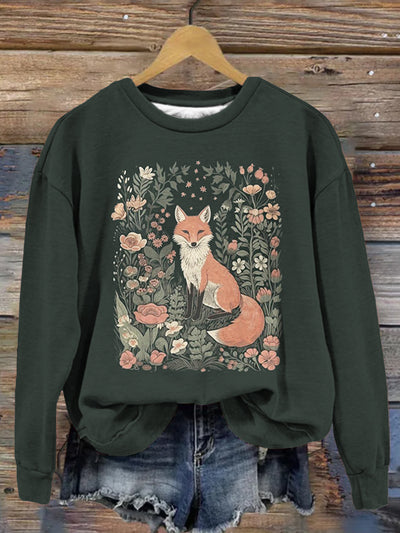 Cute Flower Fox Graphic Vintage Comfy Sweatshirt