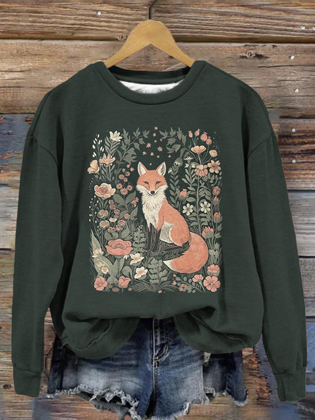 Cute Flower Fox Graphic Vintage Comfy Sweatshirt