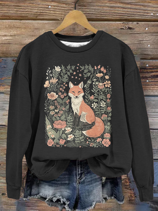 Cute Flower Fox Graphic Vintage Comfy Sweatshirt