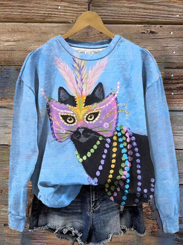 Women's Mardi Gras Cat Print Sweatshirt