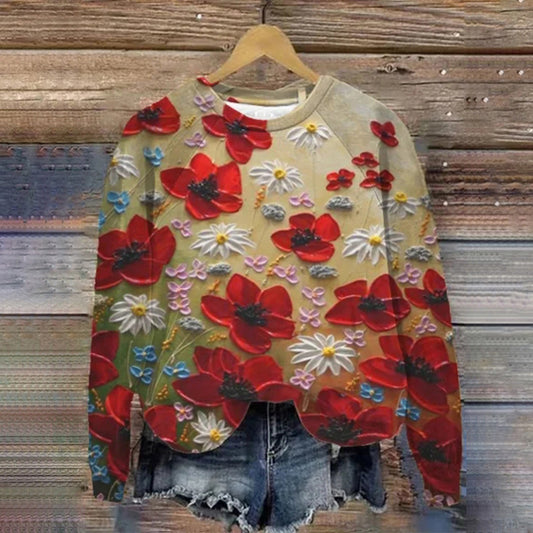 Women's Beautiful Red Flowers Oil Painting Raglan Sleeve Sweatshirt