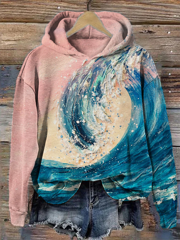 Sunset Sea Waves Oil Painting Cozy Hoodie