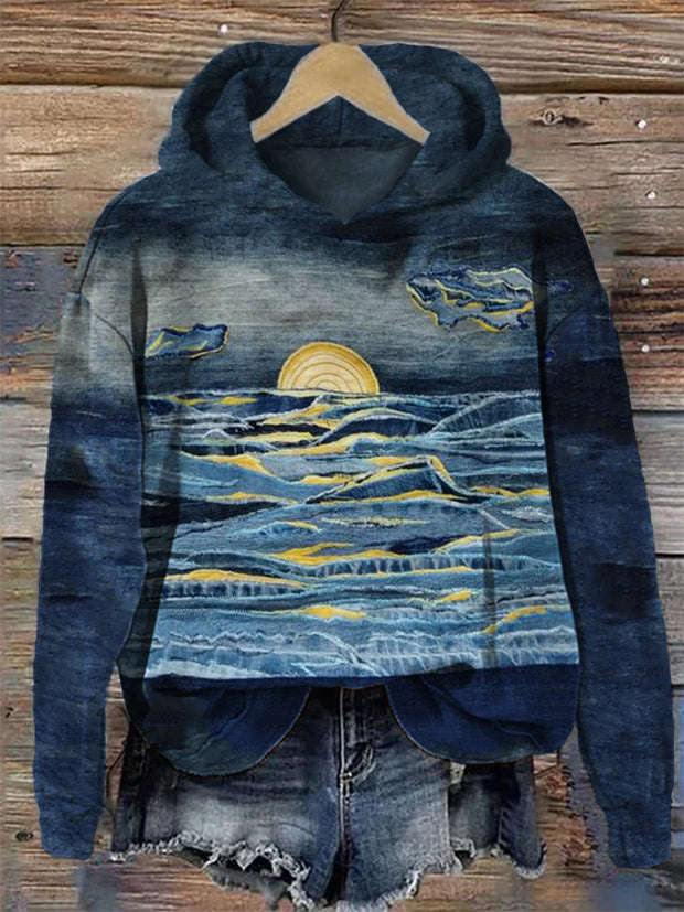 Sunrise at Sea Denim Textile Art Cozy Hoodie