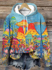 Cute Forest Mushrooms Painting Printed Long Sleeve Hoodie