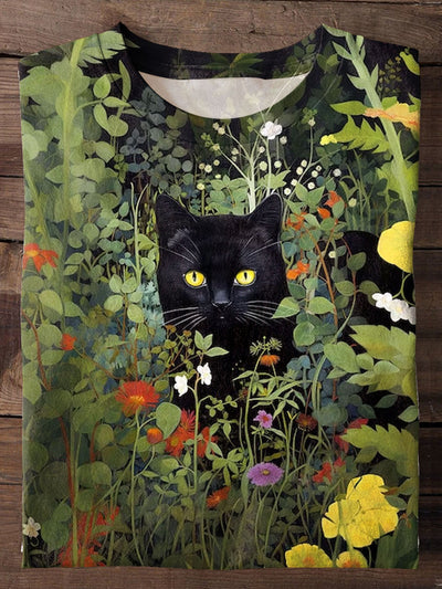 Flowers Cat Art Print Casual T-Shirt