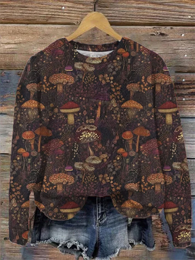 Women's Vintage Mushroom Print Round Neck Sweatshirt