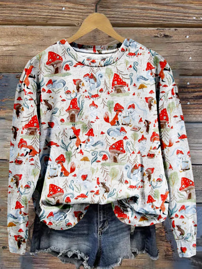 Fox Bunny Squirrel Mouse Mushroom House Pattern Cozy Sweatshirt