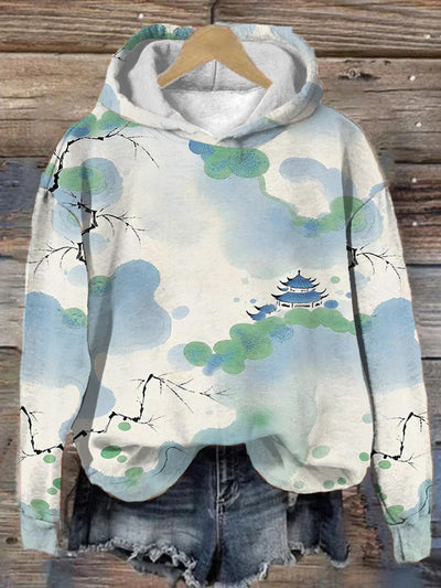 Women's Oriental Watercolor Ink Art Print Casual Hoodie