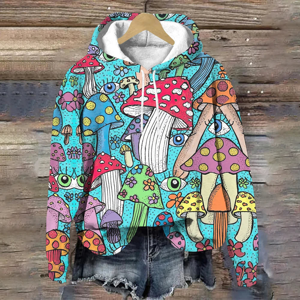 Cute Forest Mushrooms Printed Long Sleeve Hoodie