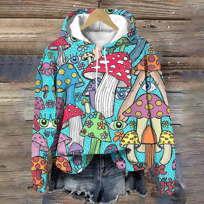 Cute Forest Mushrooms Printed Long Sleeve Hoodie