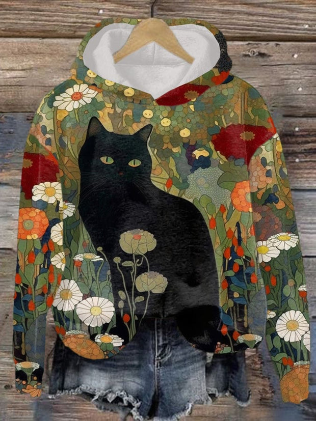 Women's Flower Cat Art Print Hooded Sweatshirt