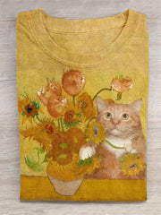 World Famous Painting Sunflower Cat Creative Design T-Shirt
