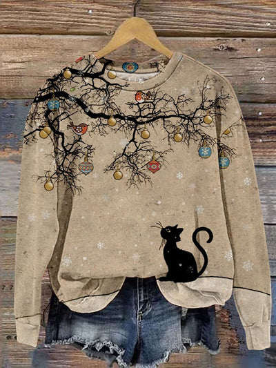 Women's Casual Christmas Cat Art Print Sweatshirt
