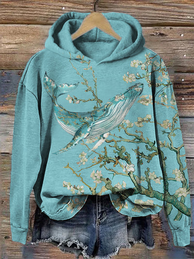Almond Blossom Inspired Whale Art Cozy Hoodie