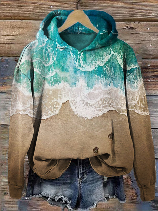 Baby Sea Turtles Beach Art Contrast Hoodie