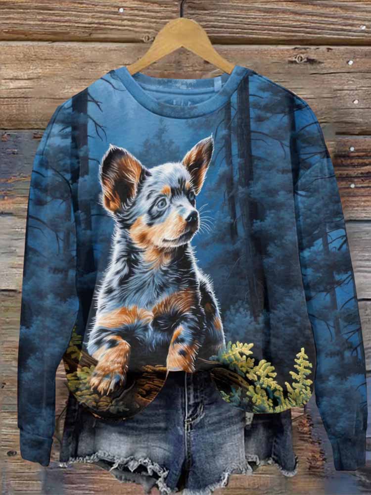 Cute Puppy Print Round Neck Sweatshirt