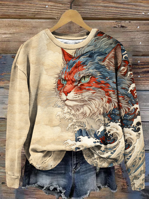 Japanese Great Wave Inspired Mysterious Cat Art Sweatshirt