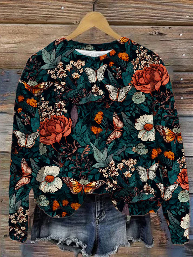 Women's Vintage Butterfly Floral Print Round Neck Sweatshirt