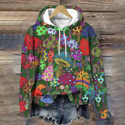 Vintage Forest Mushrooms Printed Long Sleeve Hoodie