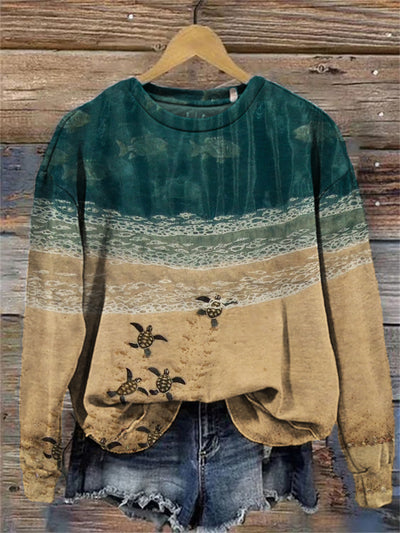 Baby Sea Turtles Beach Fiber Art Contrast Sweatshirt